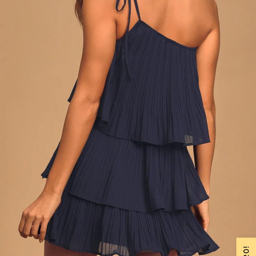Lulus Blowing Kisses Navy Blue Pleated One-Shoulder Mini Dress - Picture 2 of 4